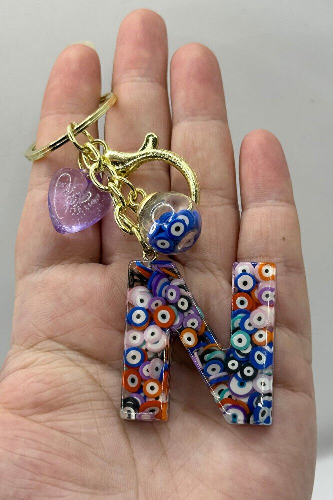 Renkli Nazar Boncuklu N Harfi Anahtarlık, El Yapımı Hediyelik Çanta Süsü