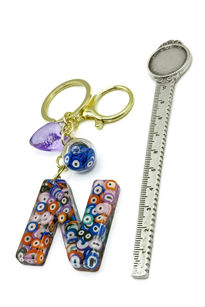 Renkli Nazar Boncuklu N Harfi Anahtarlık, El Yapımı Hediyelik Çanta Süsü