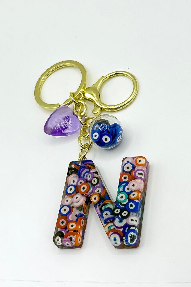 Renkli Nazar Boncuklu N Harfi Anahtarlık, El Yapımı Hediyelik Çanta Süsü