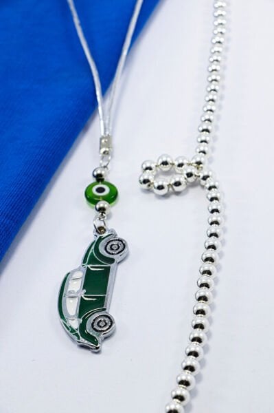 El Yapımı Cam Yeşil Nazar Boncuklu Metal Yeşil Araba Dikiz Ayna Süsü, Yeni Araba Hediyesi