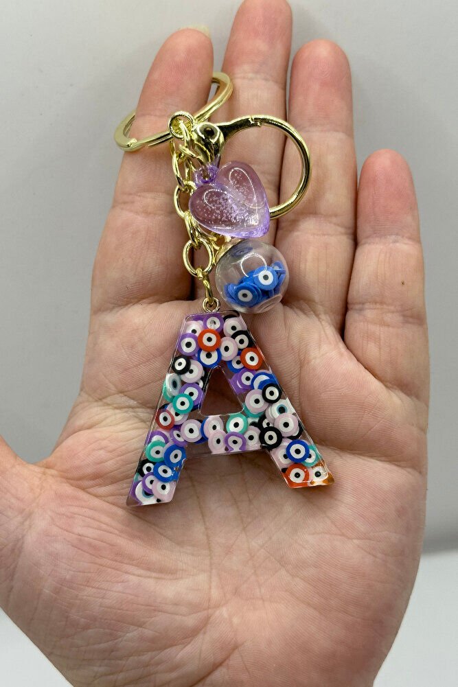 Colorful Evil Eye Beaded Letter A Keychain, Handmade Gift Bag Ornament