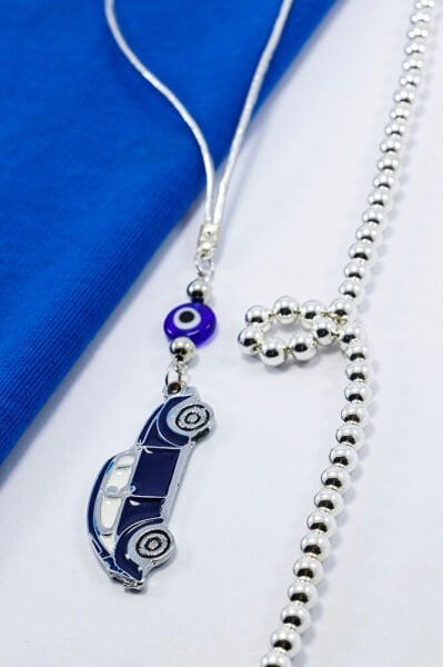 El Yapımı Cam Nazar Boncuklu Metal Lacivert Araba Dikiz Ayna Süsü, Yeni Araba Hediyesi