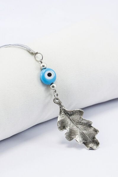 Mavi Nazar Boncuklu Metal Yaprak Araba Dikiz Ayna Süsü, Minimal Tarz Araba Hediyesi