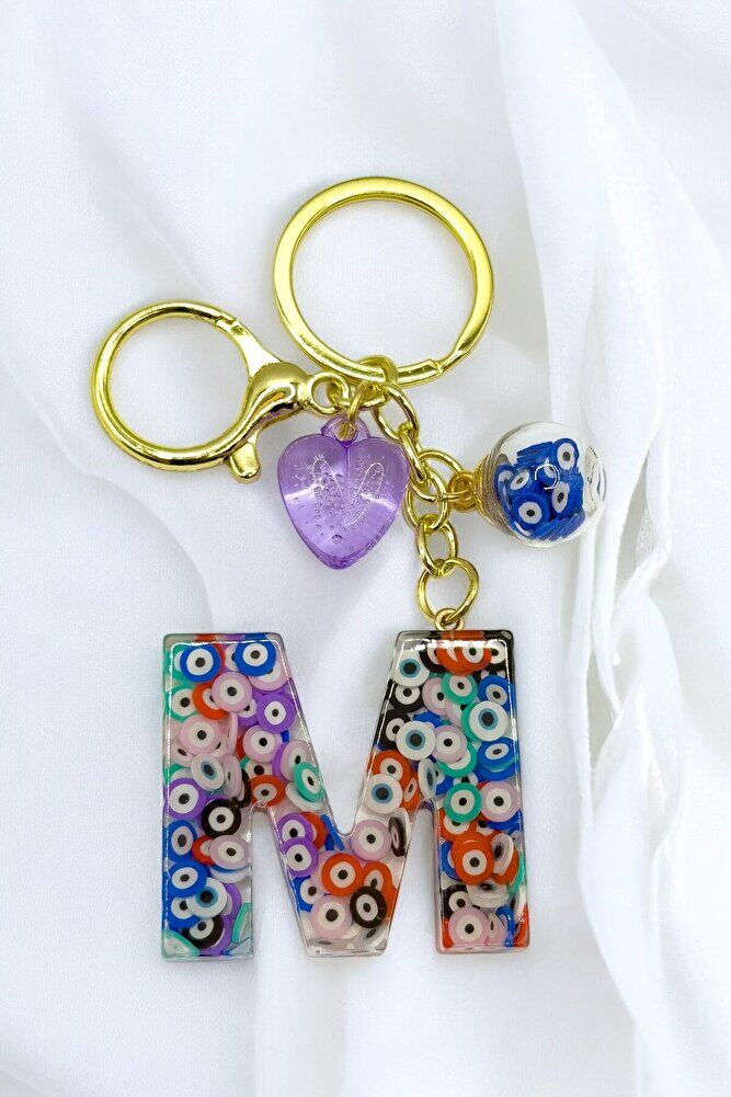 Colorful Evil Eye Beaded Letter M Keychain, Handmade Gift Bag Ornament