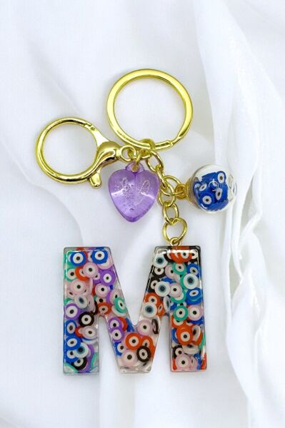 Colorful Evil Eye Beaded Letter M Keychain, Handmade Gift Bag Ornament