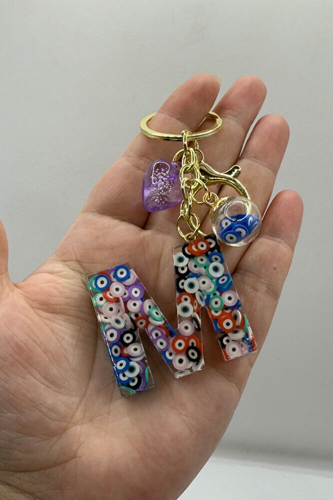 Colorful Evil Eye Beaded Letter M Keychain, Handmade Gift Bag Ornament