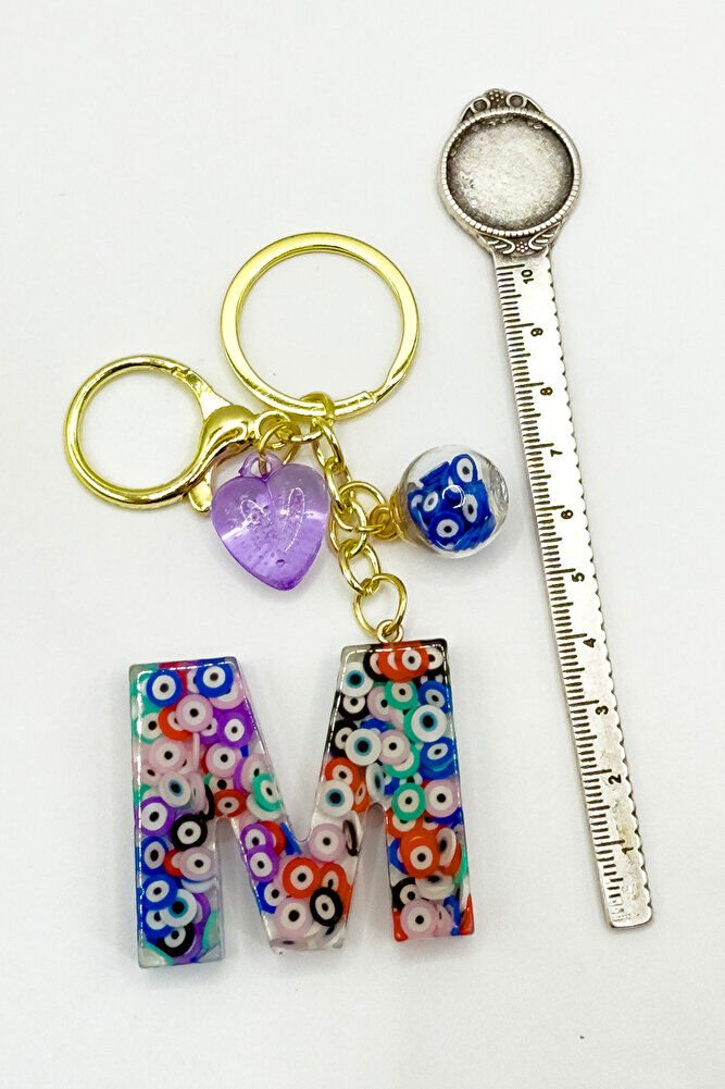 Colorful Evil Eye Beaded Letter M Keychain, Handmade Gift Bag Ornament