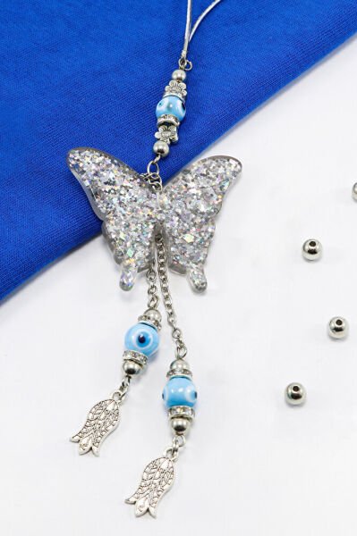 El Yapımı Cam Nazar Boncuklu Simli Pleksi Kelebek Araba Dikiz Ayna Süsü, Yeni Araba Hediyesi