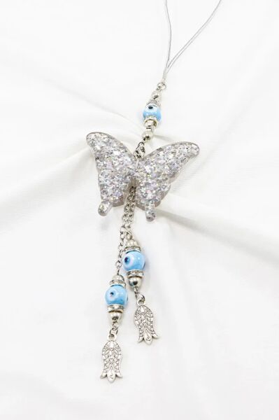 El Yapımı Cam Nazar Boncuklu Simli Pleksi Kelebek Araba Dikiz Ayna Süsü, Yeni Araba Hediyesi