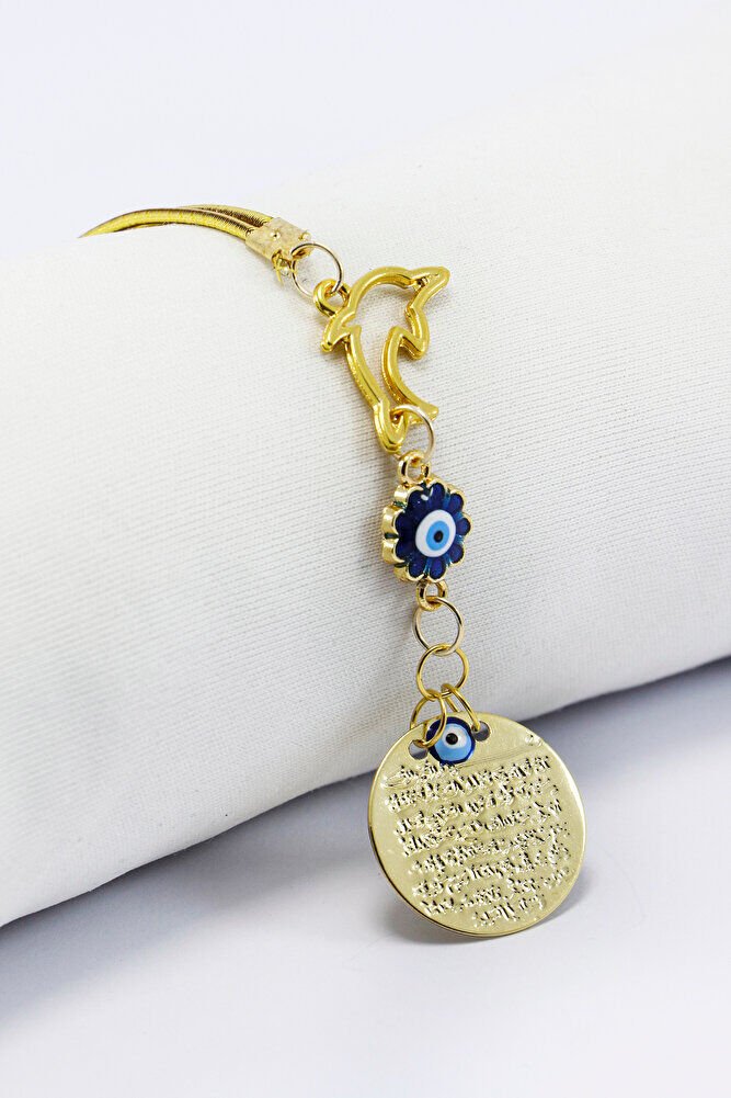 Gold Renkli Metal Yunus Balığı Mineli Nazar Boncuklu Metal Ayet'el Kürsi Araba Dikiz Ayna Süsü