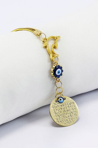 Gold Renkli Metal Yunus Balığı Mineli Nazar Boncuklu Metal Ayet'el Kürsi Araba Dikiz Ayna Süsü