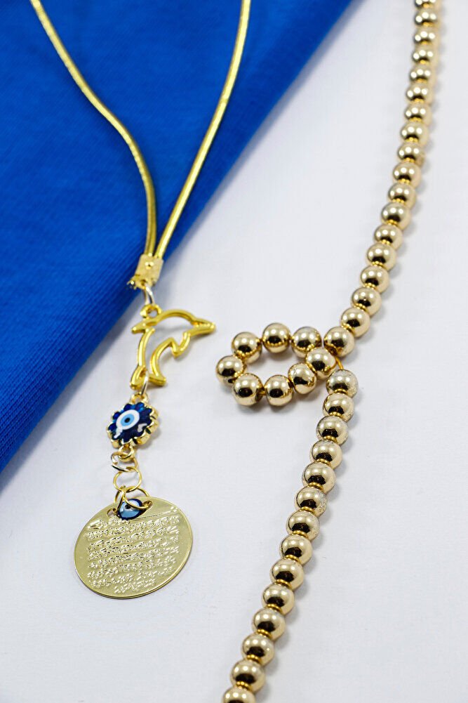 Gold Renkli Metal Yunus Balığı Mineli Nazar Boncuklu Metal Ayet'el Kürsi Araba Dikiz Ayna Süsü