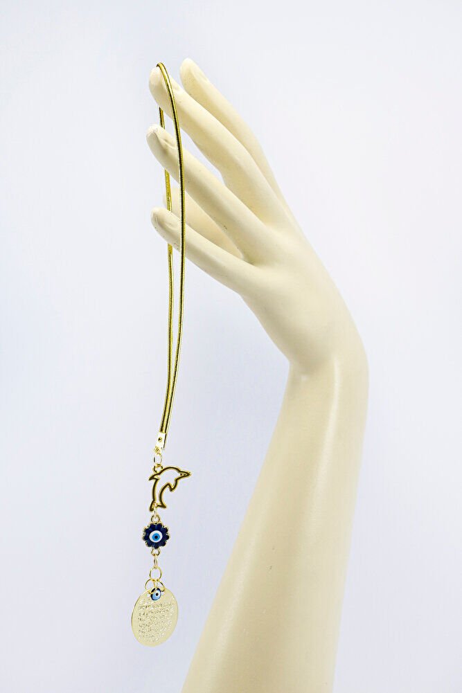 Gold Renkli Metal Yunus Balığı Mineli Nazar Boncuklu Metal Ayet'el Kürsi Araba Dikiz Ayna Süsü