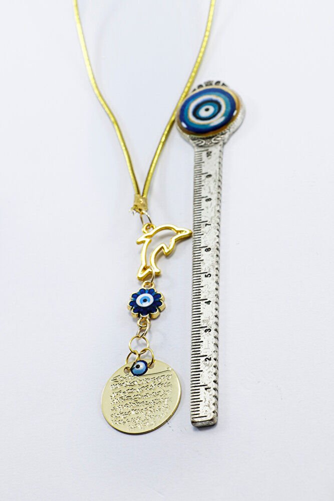 Gold Renkli Metal Yunus Balığı Mineli Nazar Boncuklu Metal Ayet'el Kürsi Araba Dikiz Ayna Süsü