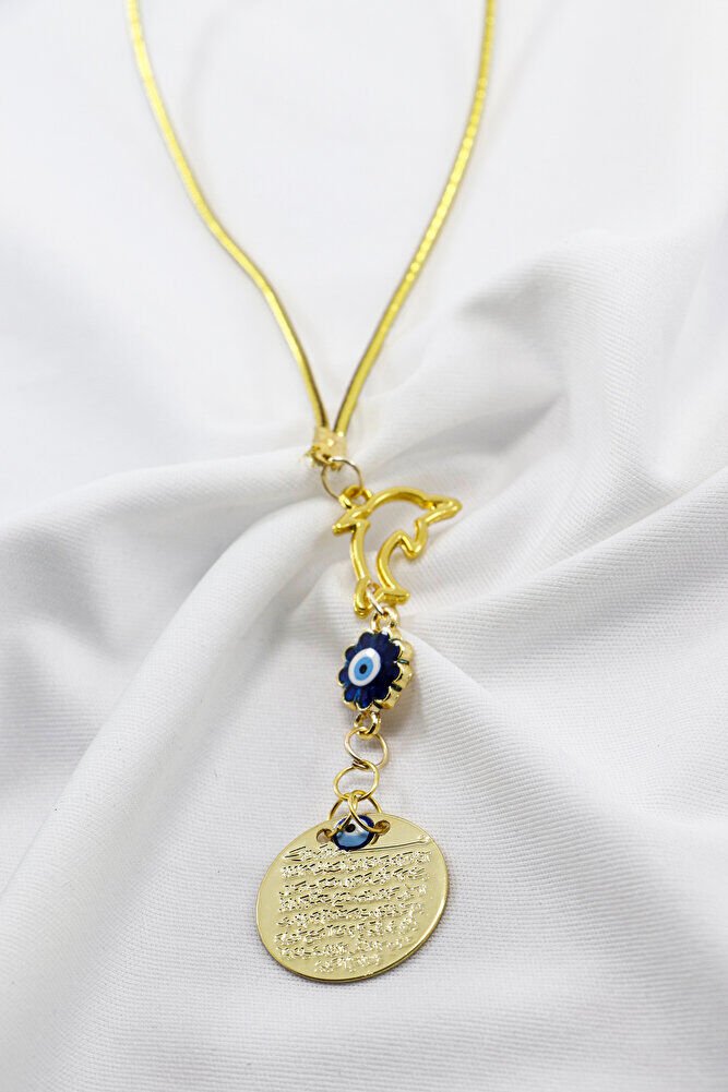 Gold Renkli Metal Yunus Balığı Mineli Nazar Boncuklu Metal Ayet'el Kürsi Araba Dikiz Ayna Süsü