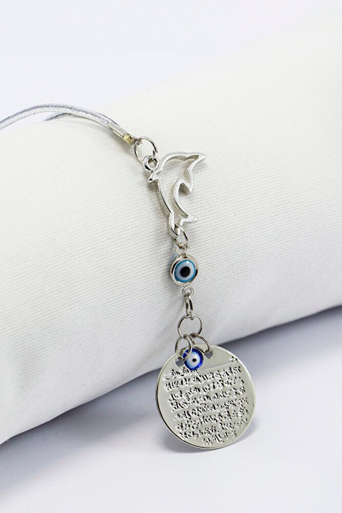 Gümüş Renkli Yunus Balığı Cam Nazar Boncuklu Metal Ayet'el Kürsi Araba Dikiz Ayna Süsü