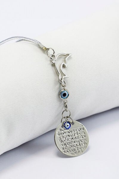 Gümüş Renkli Yunus Balığı Cam Nazar Boncuklu Metal Ayet'el Kürsi Araba Dikiz Ayna Süsü