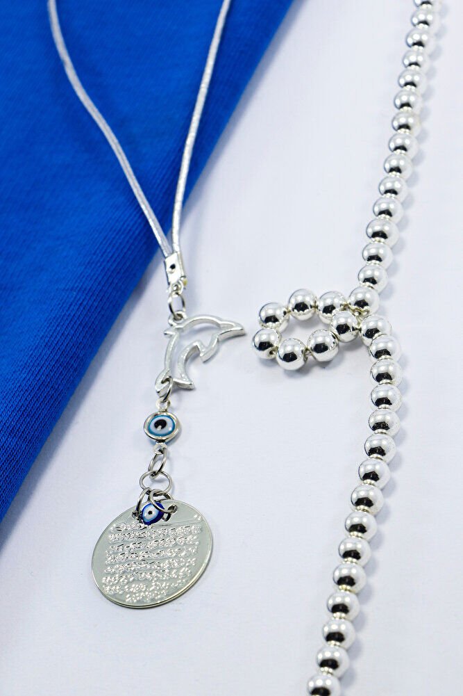 Gümüş Renkli Yunus Balığı Cam Nazar Boncuklu Metal Ayet'el Kürsi Araba Dikiz Ayna Süsü