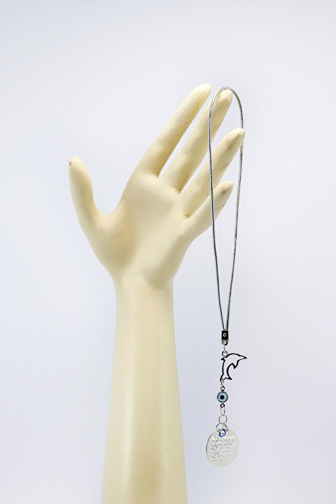 Gümüş Renkli Yunus Balığı Cam Nazar Boncuklu Metal Ayet'el Kürsi Araba Dikiz Ayna Süsü