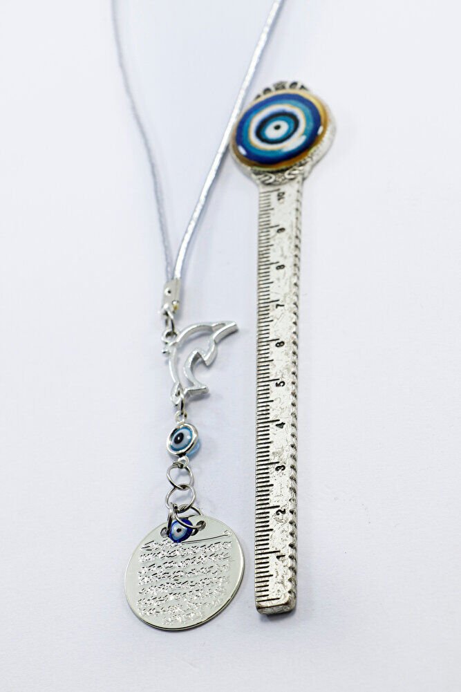 Gümüş Renkli Yunus Balığı Cam Nazar Boncuklu Metal Ayet'el Kürsi Araba Dikiz Ayna Süsü