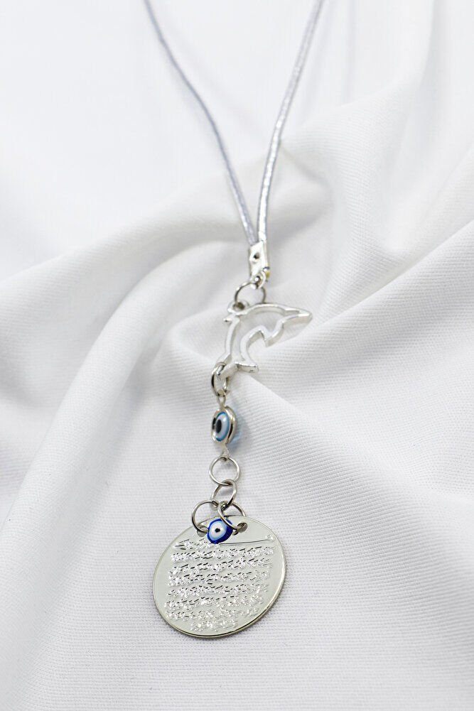 Gümüş Renkli Yunus Balığı Cam Nazar Boncuklu Metal Ayet'el Kürsi Araba Dikiz Ayna Süsü