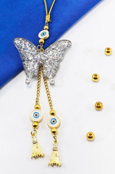 Nazar Boncuk Püsküllü Simli Pleksi Kelebek Araba Dikiz Ayna Süsü, Yeni Araba Hediyesi