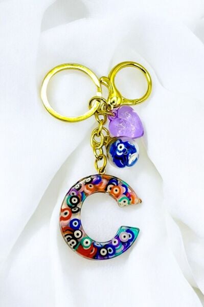 Colorful Evil Eye Beaded Letter C Keychain, Handmade Gift Bag Ornament