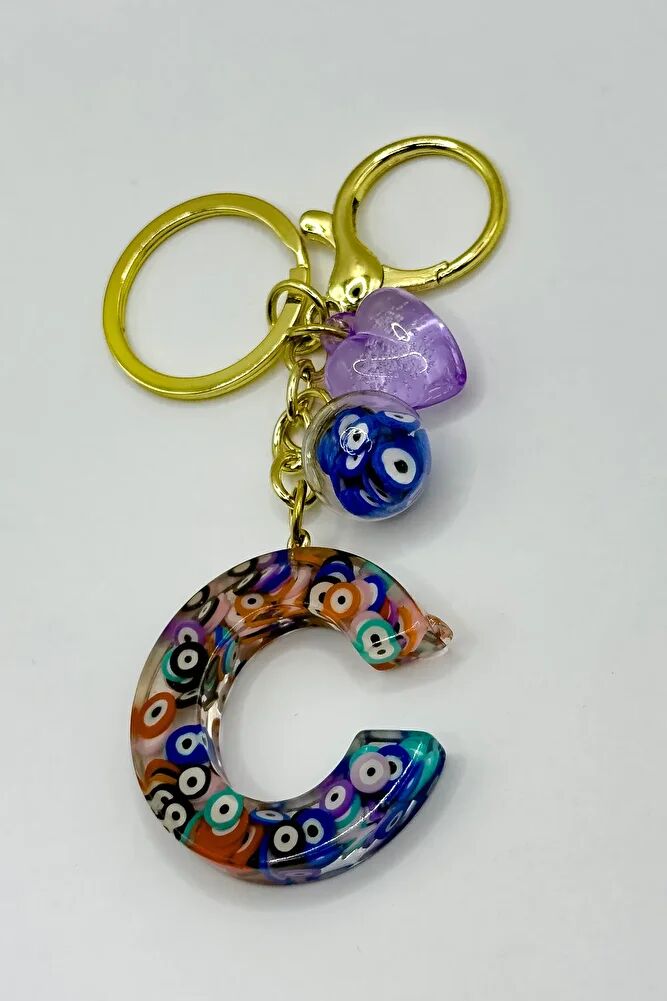 Colorful Evil Eye Beaded Letter C Keychain, Handmade Gift Bag Ornament