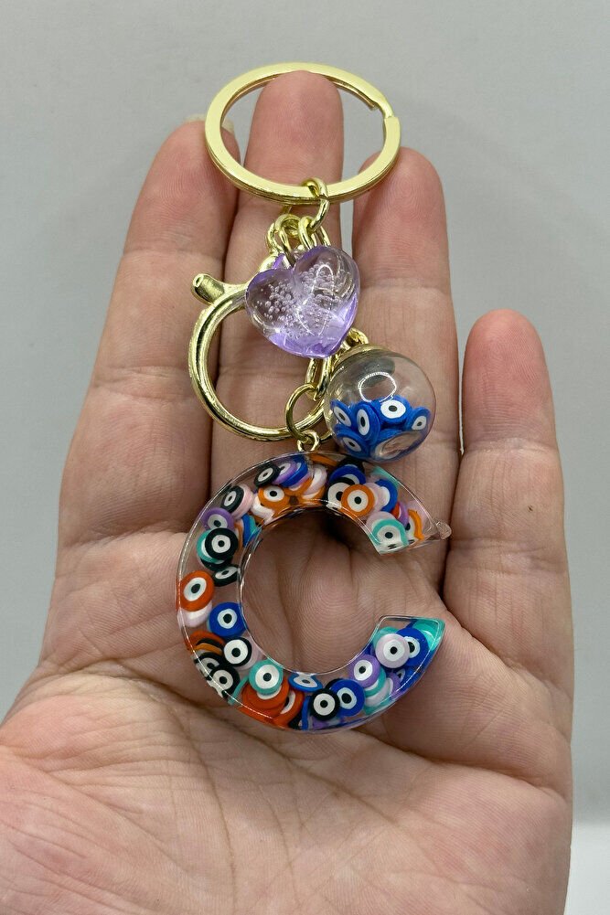 Colorful Evil Eye Beaded Letter C Keychain, Handmade Gift Bag Ornament