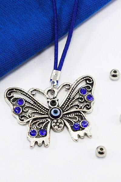 Lacivert Parlak Taşlı Metal Kelebek Araba Dikiz Ayna Süsü, Yeni Araba Hediyesi