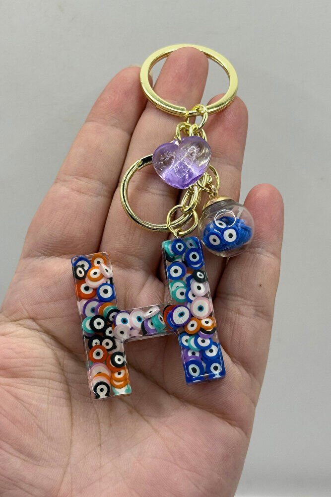 Renkli Nazar Boncuklu H Harfi Anahtarlık, El Yapımı Hediyelik Çanta Süsü