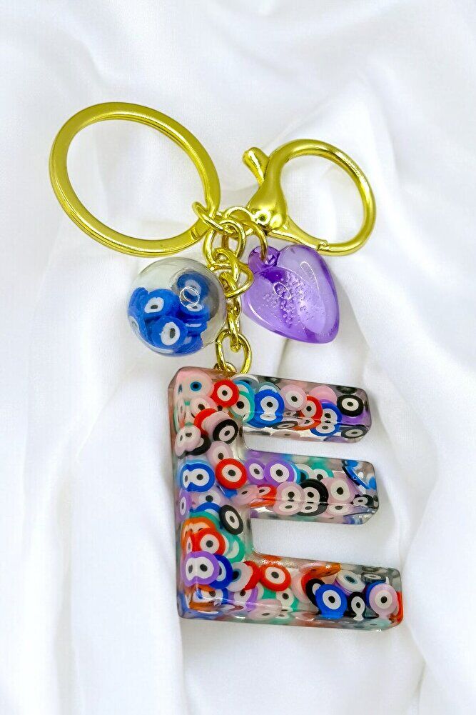 Colorful Evil Eye Beaded Letter E Keychain, Handmade Gift Bag Ornament