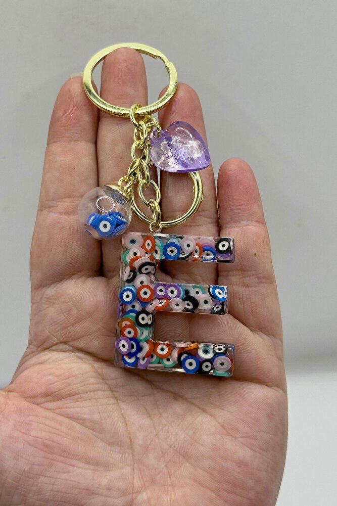 Colorful Evil Eye Beaded Letter E Keychain, Handmade Gift Bag Ornament