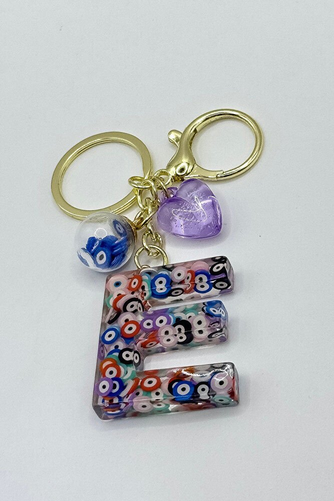 Colorful Evil Eye Beaded Letter E Keychain, Handmade Gift Bag Ornament