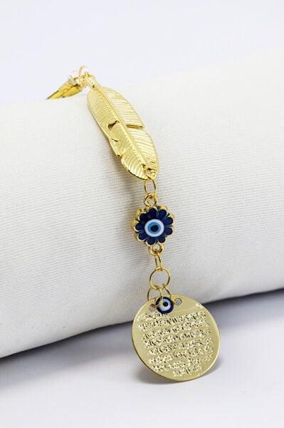 Metal Yaprak Mineli Nazar Boncuklu Metal Ayet'el Kürsi Araba Dikiz Ayna Süsü