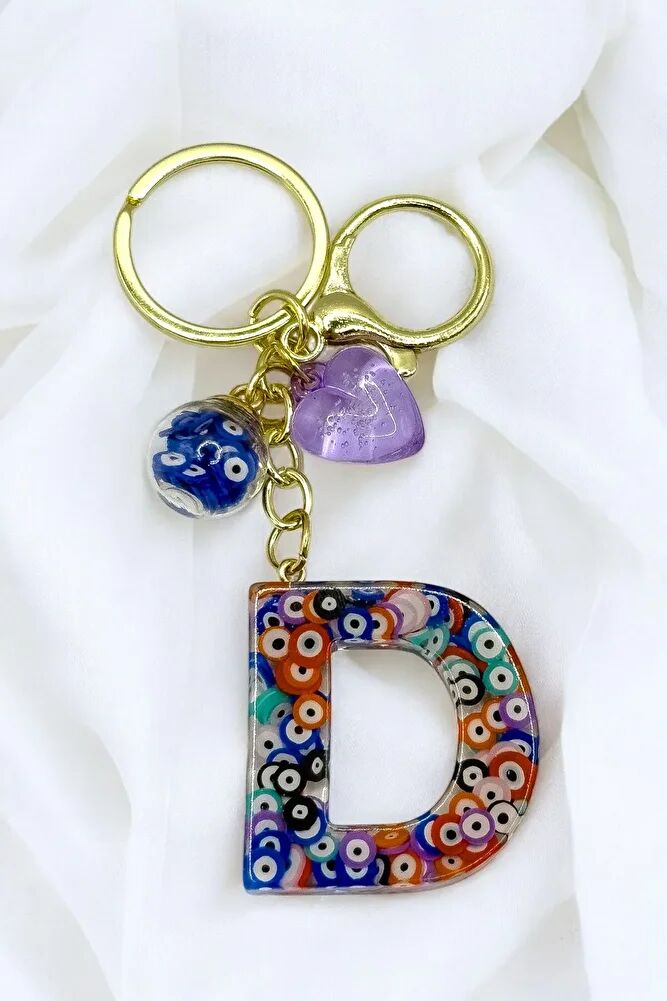Colorful Evil Eye Beaded Letter D Keychain, Handmade Gift Bag Ornament