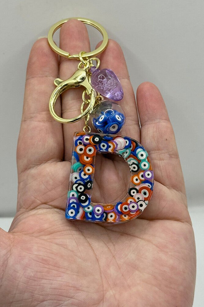 Colorful Evil Eye Beaded Letter D Keychain, Handmade Gift Bag Ornament