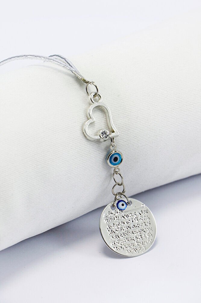 Gümüş Renkli Parlak Taşlı Kalp Cam Nazar Boncuklu Metal Ayet'el Kürsi Araba Dikiz Ayna Süsü