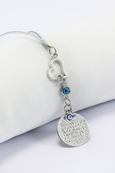 Gümüş Renkli Parlak Taşlı Kalp Cam Nazar Boncuklu Metal Ayet'el Kürsi Araba Dikiz Ayna Süsü