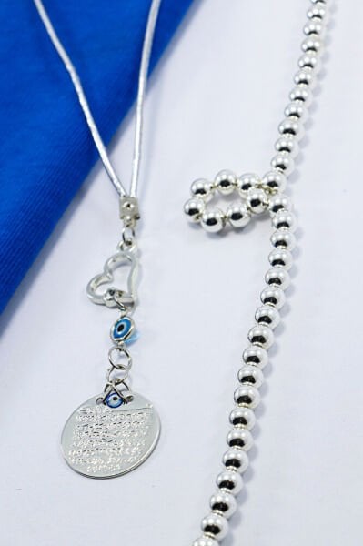 Gümüş Renkli Parlak Taşlı Kalp Cam Nazar Boncuklu Metal Ayet'el Kürsi Araba Dikiz Ayna Süsü