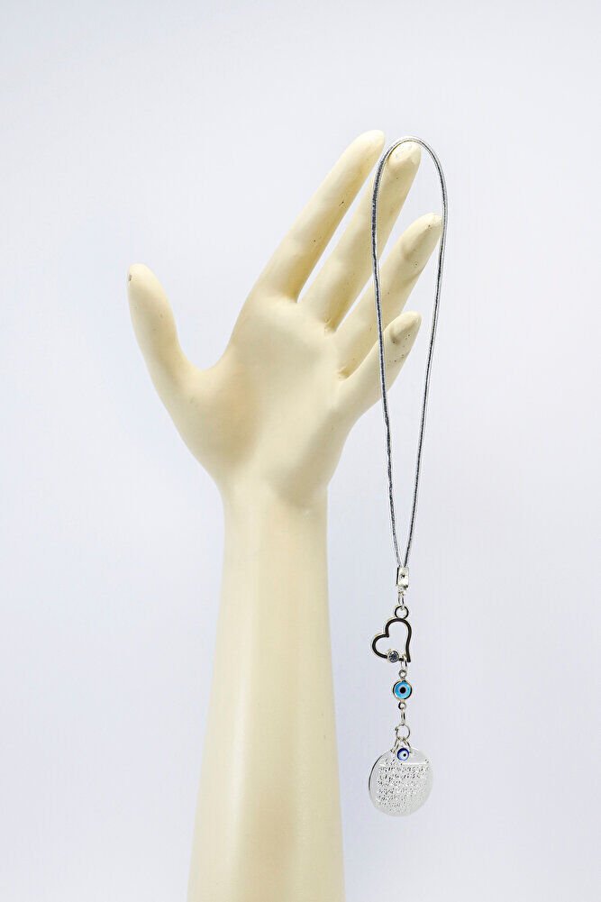 Gümüş Renkli Parlak Taşlı Kalp Cam Nazar Boncuklu Metal Ayet'el Kürsi Araba Dikiz Ayna Süsü