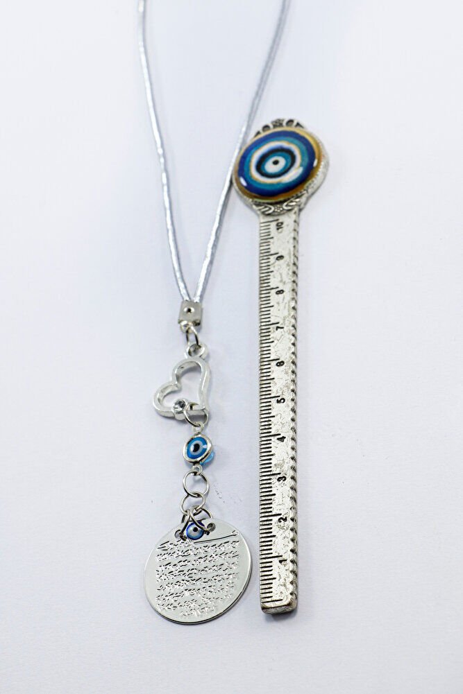 Gümüş Renkli Parlak Taşlı Kalp Cam Nazar Boncuklu Metal Ayet'el Kürsi Araba Dikiz Ayna Süsü