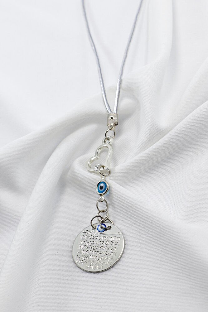 Gümüş Renkli Parlak Taşlı Kalp Cam Nazar Boncuklu Metal Ayet'el Kürsi Araba Dikiz Ayna Süsü