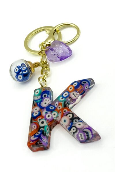 Colorful Evil Eye Beaded Letter K Keychain, Handmade Gift Bag Ornament
