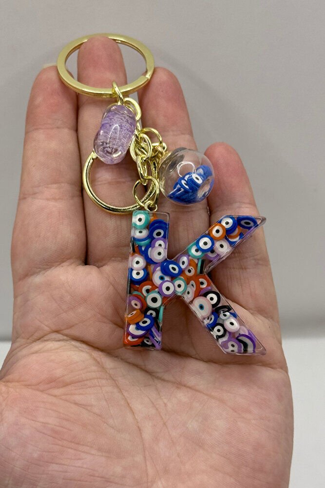 Renkli Nazar Boncuklu K Harfi Anahtarlık, El Yapımı Hediyelik Çanta Süsü