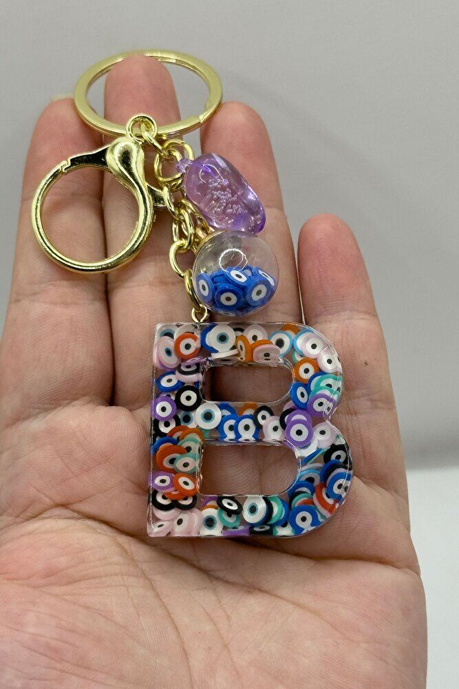 Renkli Nazar Boncuklu B Harfi Anahtarlık, El Yapımı Hediyelik Çanta Süsü