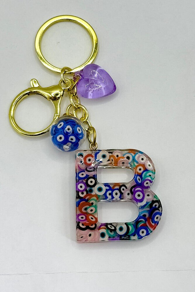 Renkli Nazar Boncuklu B Harfi Anahtarlık, El Yapımı Hediyelik Çanta Süsü