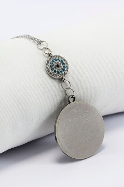 Parlak Nazar Boncuklu 316L Çelik Çift Taraflı Ayetel Kürsi Hilye-i Şerif Araba Dikiz Ayna Süsü