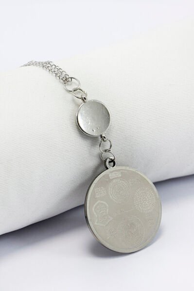 Parlak Nazar Boncuklu 316L Çelik Çift Taraflı Ayetel Kürsi Hilye-i Şerif Araba Dikiz Ayna Süsü