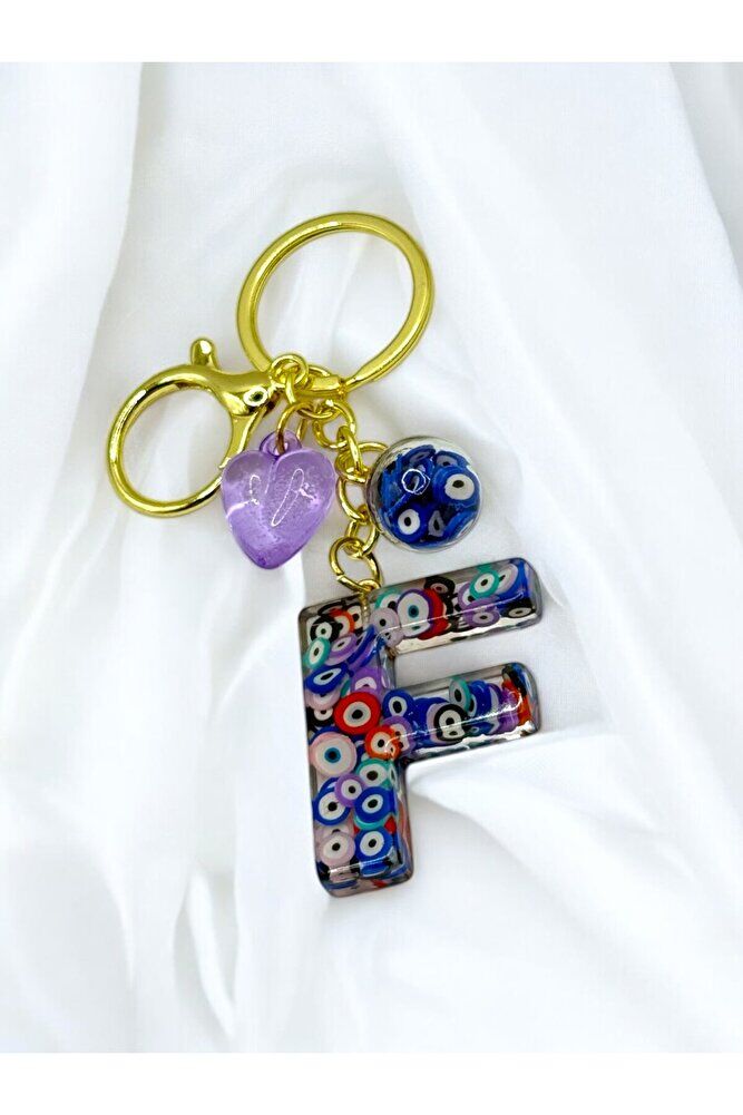 Colorful Evil Eye Beaded Letter F Keychain, Handmade Gift Bag Ornament